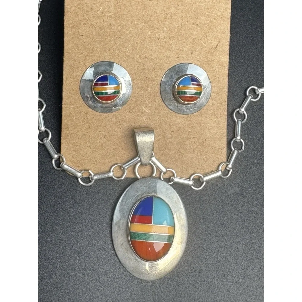 Ella Peter Sterling Multistone Inlay Pendant Earrings Set 24